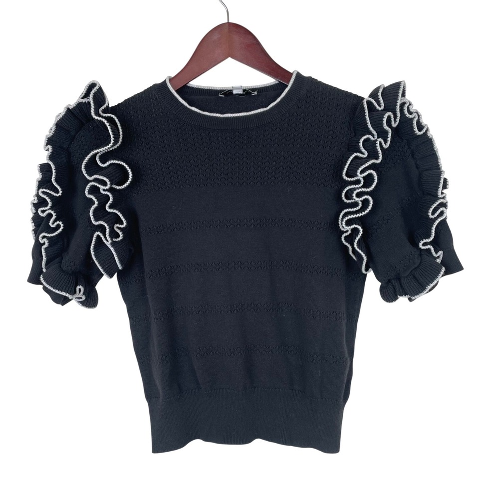 Womens Sweater Top Sz M Parisian Preppy Fairy Boho Whimsigoth Puff Sleeve Ruffle
